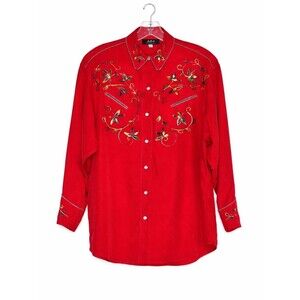 ABS California Vintage Red Floral Embroidered Snap Button Front Western Blouse